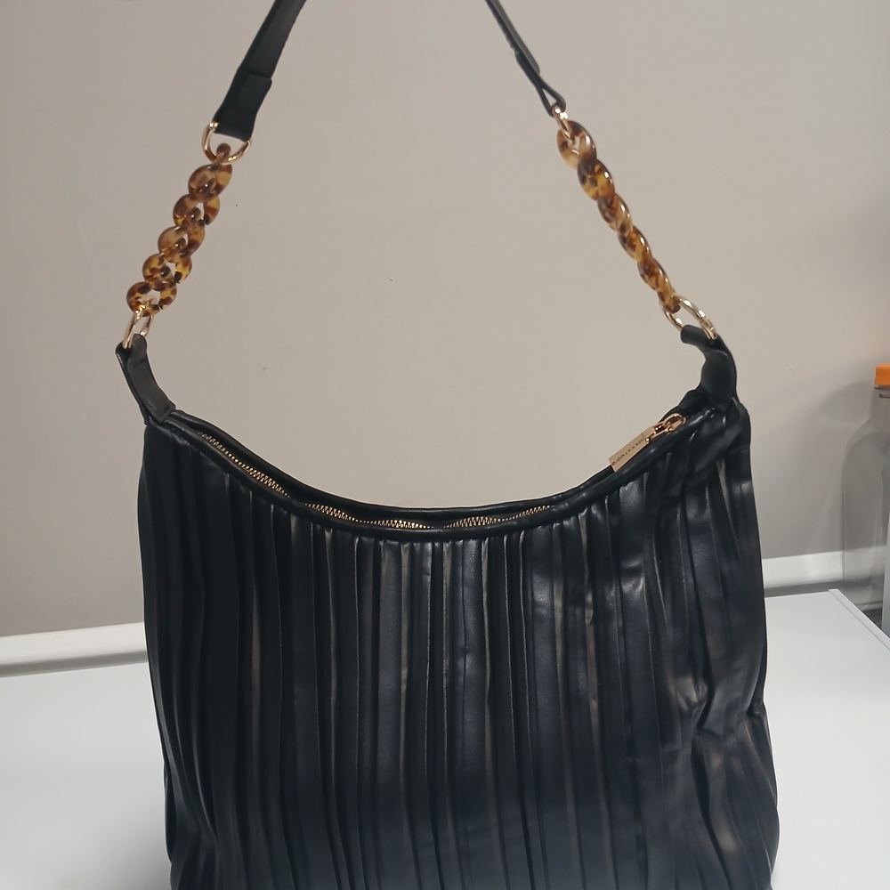 New! Max Studio Black Pleated Shoulder Bag with Chain Detail Strap NWOT
